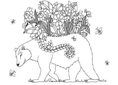 Vector illustration Zen Tangle bear with flowers. Doodle drawing floral frame. Coloring book anti...
