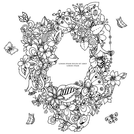Vector illustration of floral frame Zen Tangle. Dudlart. Coloring book anti stress for adults. Black and white.のイラスト素材