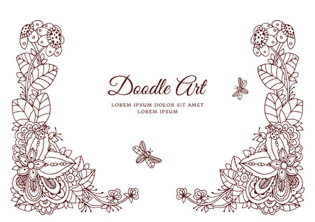 Vector illustration , floral frame. Doodle drawing. Coloring book anti stress for adults. Meditative exercises. Brown and white.のイラスト素材