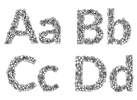 Vector illustration zentangl, flower letters alphabet. Doodle drawing. Meditative exercise. Coloring book anti stress for adults. Black and white.のイラスト素材