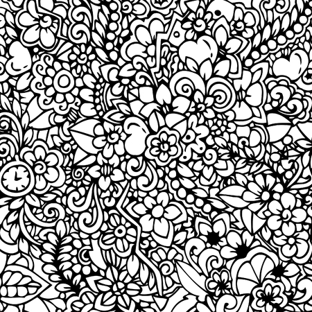 Vector illustration Zen Tangle, floral background. Doodle drawing. Meditative exercises. Coloring book anti stress for adults. Black and white.のイラスト素材