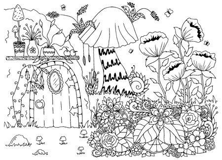 Vector illustration zentangl house in the woods, flowers. Doodle drawing. Meditative exercises. Coloring book anti stress for adults. Black and white.のイラスト素材