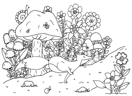 Vector illustration of handmade work, zentangl fox and forest. Doodle drawing. Coloring page Anti stress for adults. Black and white.のイラスト素材