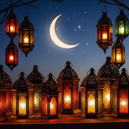 A serene nighttime scene featuring colorful lanterns under a crescent moon