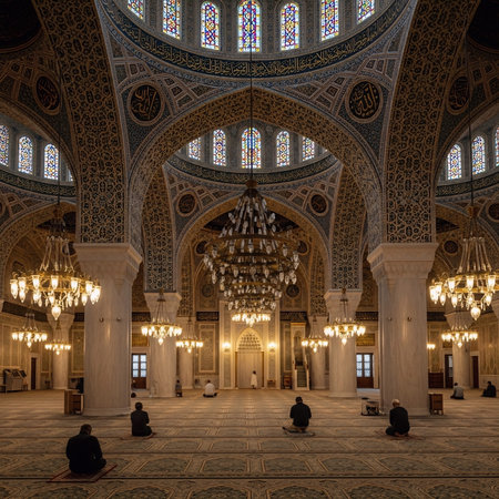 A serene interior of a large mosque with people praying on the floor