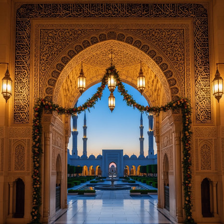 A stunning view of a mosque's ornate archway and courtyard at dusk