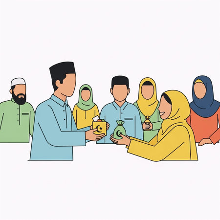 A diverse group of people exchanging gifts and money in a cultural setting
