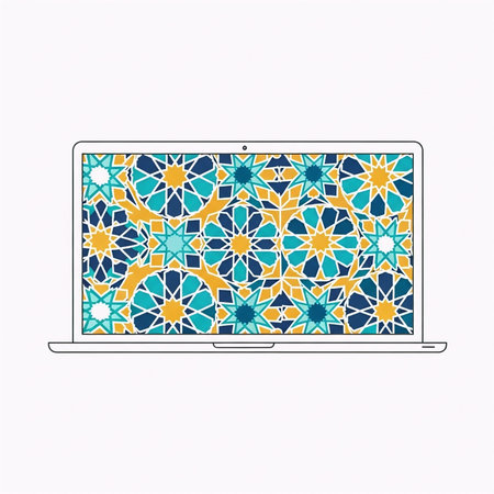 A laptop with a colorful mosaic pattern on its screen against a plain white background
