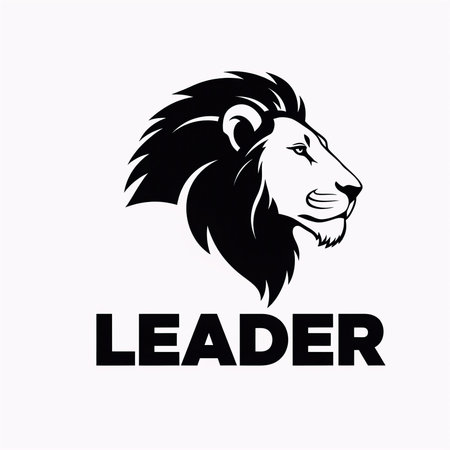 A powerful lion's head with a majestic mane and the word LEADER in bold lettersの写真素材