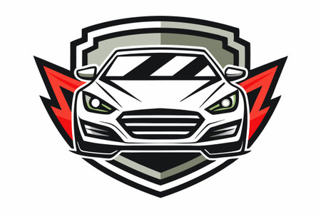 Vector illustration of a sports car viewed from front set inside shield crest with lightning bolt.のイラスト素材