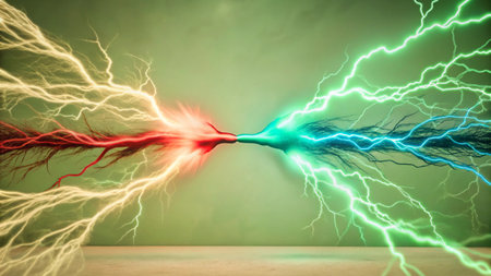Conceptual image of electric lightning strikes on a green background.の写真素材