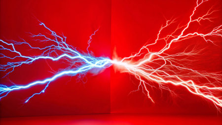 Lightning strike on a red background, 3d rendering. Computer digital drawing.の写真素材