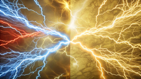 Blue, yellow and orange lightning background. Electric lightning strike. Thunderstorm.の写真素材