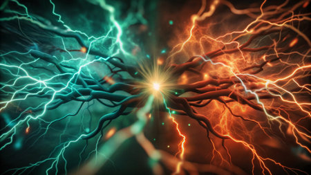 3D Illustration of a nerve cell with electrical pulses and lightning