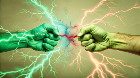 Conceptual image of two fists with lightning in the center.