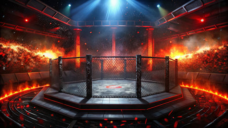 3D rendering of the background of a wrestling ring with red lightsの写真素材