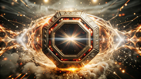 Futuristic background with hexagon and rays of light. 3D rendering