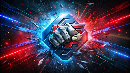 3D rendering of a male fist in front of abstract technology backgroundの写真素材
