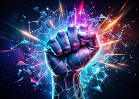 Fist with glowing polygonal abstract background. 3D renderingの写真素材