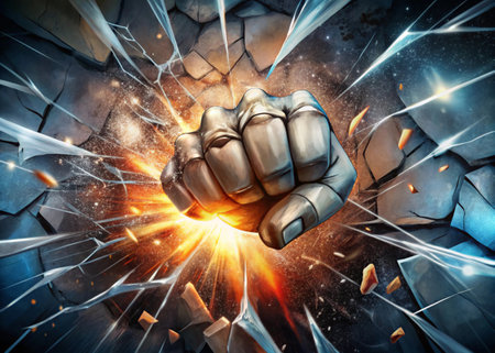 Fist breaking through a wall with lightning. 3d illustration.の写真素材