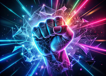 Fist with abstract glowing polygonal background. 3D renderingの写真素材