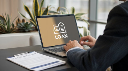 Man using a laptop with loan concept on the screen. All screen content is designed by me.