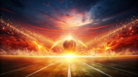 Soccer ball in the sky with rays of light. Vector illustration