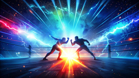 Two boxers fighting in a ring with light rays in the backgroundの写真素材