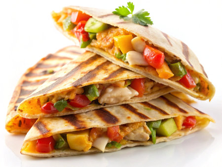 Mexican quesadilla with chicken and vegetables on white backgroundの写真素材