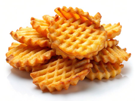 Heap of crispy waffles isolated on white background. Sweet biscuits.の写真素材