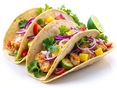 Tacos with chicken and vegetables on white background, close upの写真素材