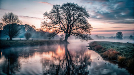 Misty morning on the river and the tree in the foreground.の写真素材