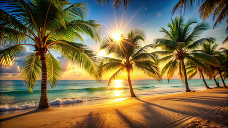 Beautiful tropical beach and sea with coconut palm tree at sunset timeの写真素材