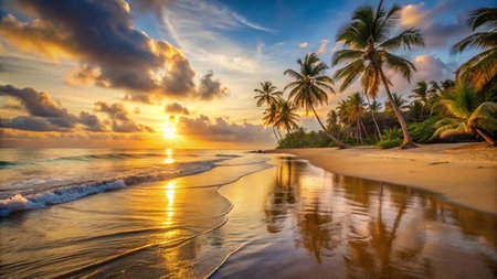 Tropical beach with palm trees at sunset, Sri Lanka.の写真素材