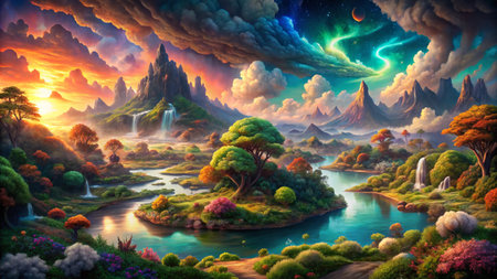 Fantasy landscape with mountains and lake - illustration for children. Digital painting.の写真素材