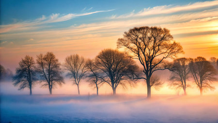 Beautiful winter landscape with trees in the fog at sunrise or sunsetの写真素材