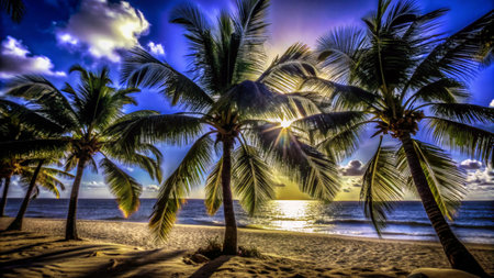 Palm trees on a tropical beach at sunset in the tropicsの写真素材
