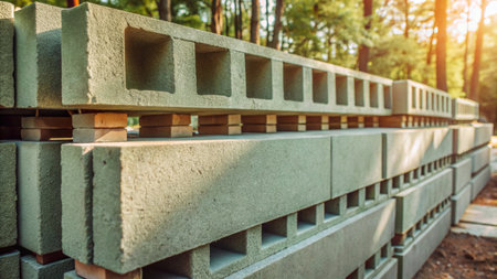 Concrete blocks stacked in a row on a construction site in the forest