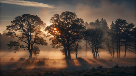 Sunrise in the misty forest. Beautiful autumn landscape with trees.の写真素材