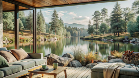 Luxury terrace with a lake view and a wooden floorの写真素材