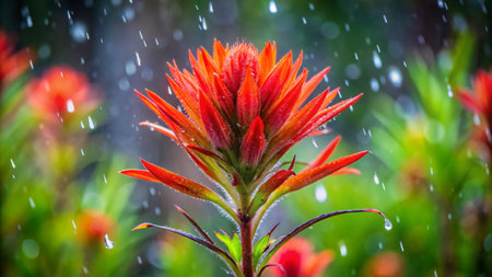Close up of Indian Paintbrush (Indian Paintbrush) in rainの写真素材