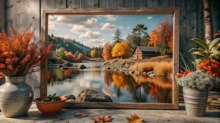 Autumn landscape with lake, house and flowers in front of mirror