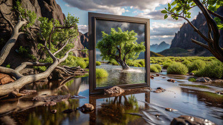 Reflection of the landscape in the mirror of the room. 3d renderingの写真素材