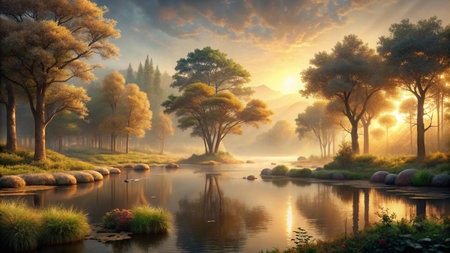 Landscape of foggy lake with trees and lake at sunrise.の写真素材