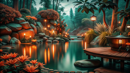 3D rendering of a fantasy garden with a pond and lanternsの写真素材