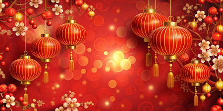 Chinese New Year background with lanterns and flowers. Vector illustration.