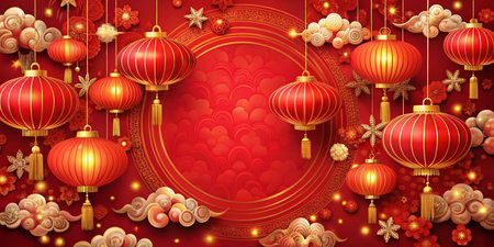 Chinese New Year background with red paper lanterns, flowers and clouds.の写真素材