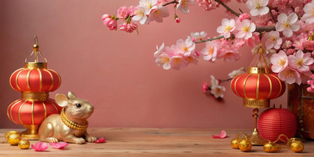 Chinese new year decoration with gold rat, lanterns and cherry blossomの写真素材