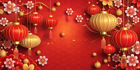 Happy Chinese New Year 2018 background with lanterns, flowers and asian elements.の写真素材