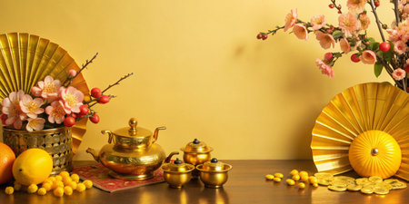 Gold ingots, gold teapot and flowers on the tableの写真素材